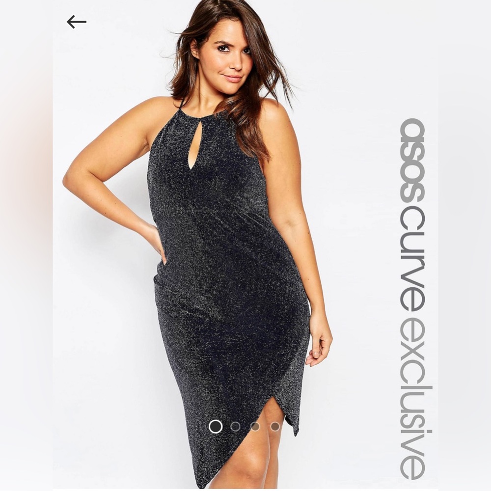 Vintage ASOS Curve 70s Plunge Glitter Bodycon Dress w/ Asymmetrical Hem